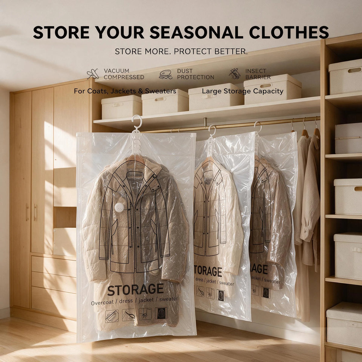 Hanging Vacuum Storage Bags for Clothes, Space Saver Garment Bags for Coats, Jackets, Dresses & Sweaters, Reusable Vacuum Seal Bags for Closet Organization, Winter Clothes, Seasonal Storage, Clear, Large Capacity, Dustproof &