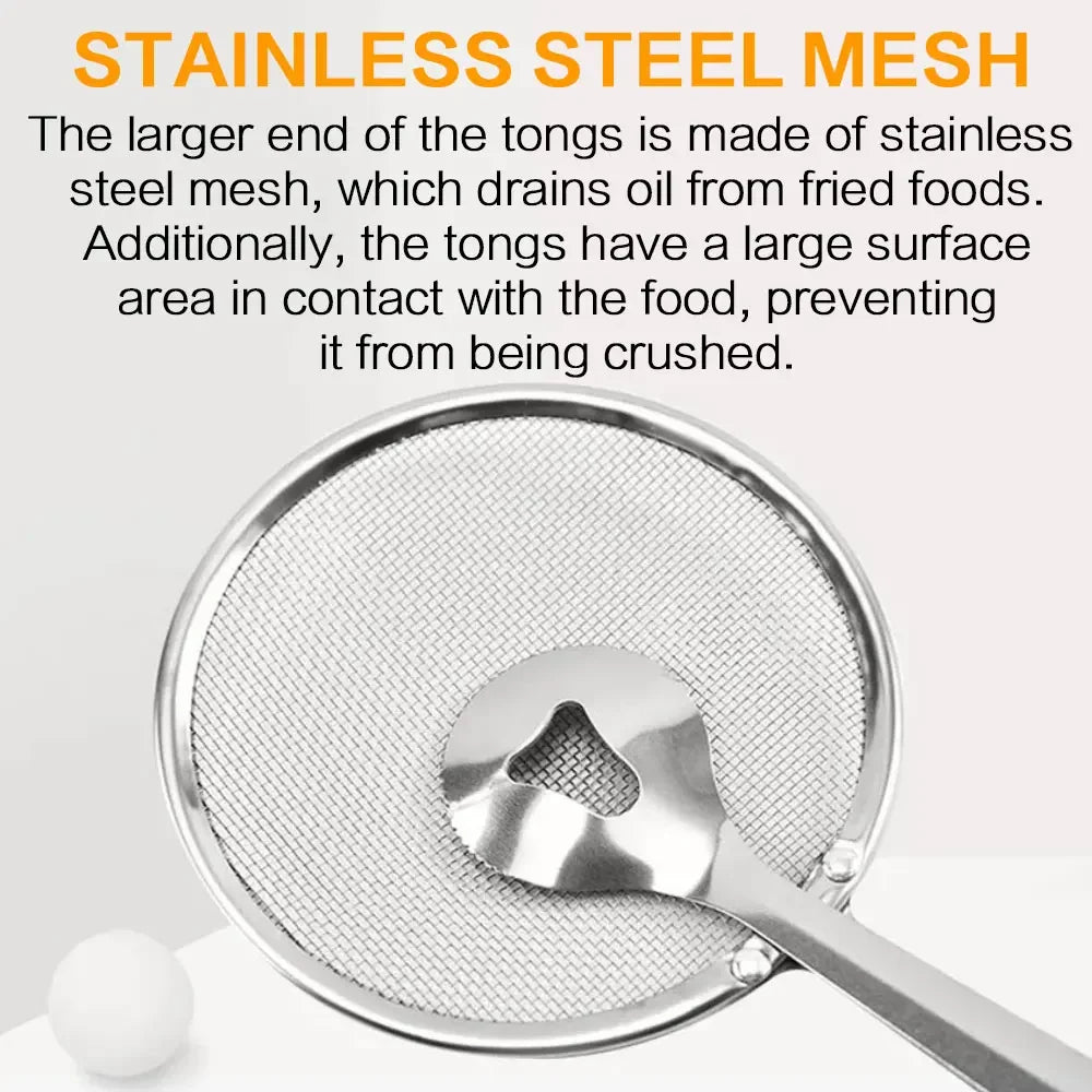 Stainless Steel Multifunctional Mesh Strainer Spoon Clip Oil Filter Colander Heat Resistant Kitchen Utensil Fried Food Salad BBQ Serving Long Handle Non Slip Durable Easy Clean Professional Kitchenware