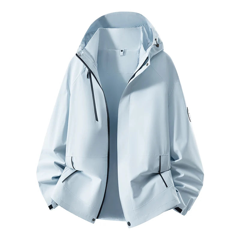 Unisex Waterproof Windproof Hiking Hooded Jacket Breathable Diagonal Zipper Outdoor Hiking Mountain Coat Casual Windbreaker