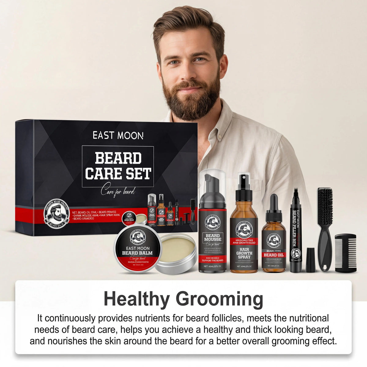 Beard Grooming Kit Shea Butter Sandalwood Scent Nourishing Set for Men Softens Hydrates Tames Frizz Daily Maintenance Routine Skincare