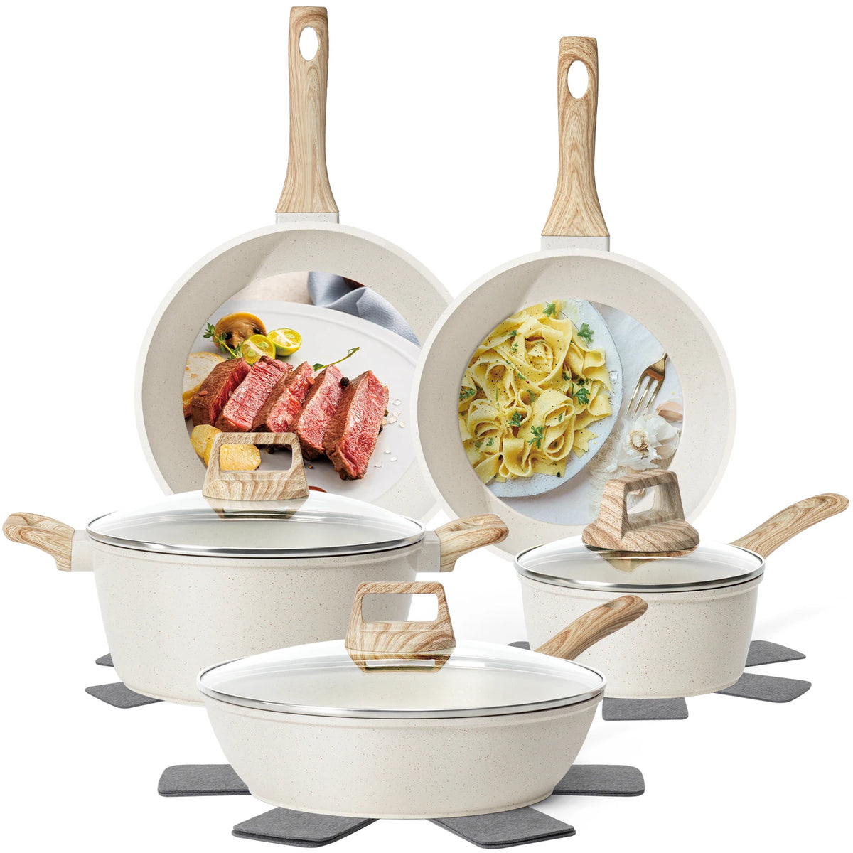 12 Pieces Non-Stick Granite Cookware Set, Healthy Ceramic Pots & Pans with Pan Protectors, Induction Ready Stackable Kitchen Cooking Set, Dishwasher Safe