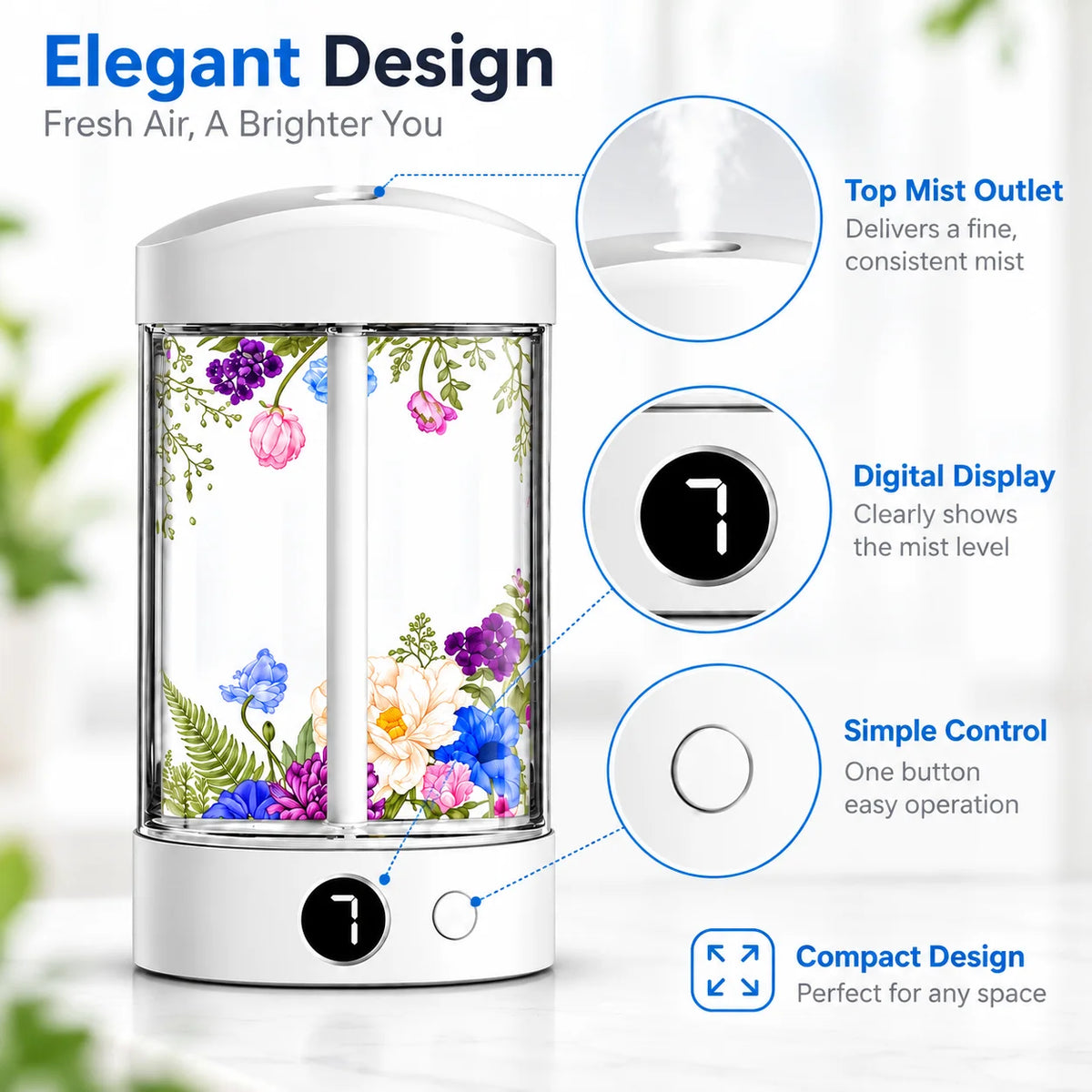 Mini Desktop Humidifier with Digital Display, Fine Mist, Quiet Operation & Ambient Light for Bedroom Office, Machine Only