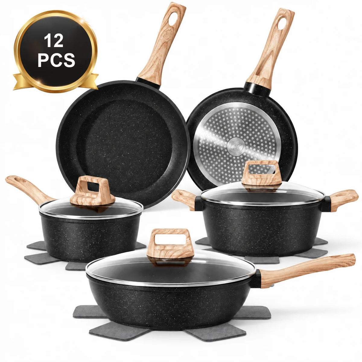 12 Pieces Non-Stick Granite Cookware Set, Healthy Ceramic Pots & Pans with Pan Protectors, Induction Ready Stackable Kitchen Cooking Set, Dishwasher Safe