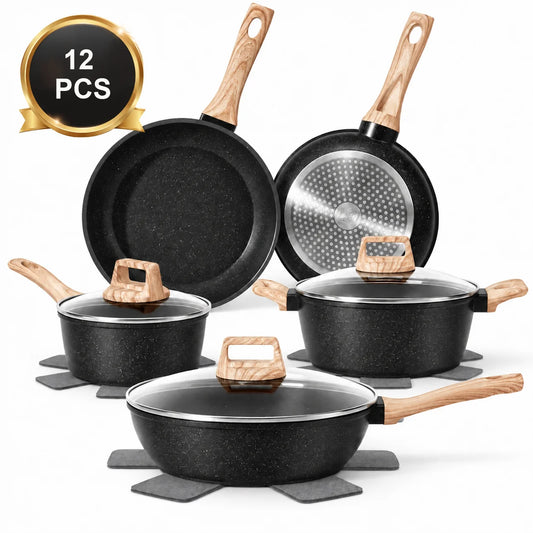 12 Pieces Non-Stick Granite Cookware Set, Healthy Ceramic Pots & Pans with Pan Protectors, Induction Ready Stackable Kitchen Cooking Set, Dishwasher Safe