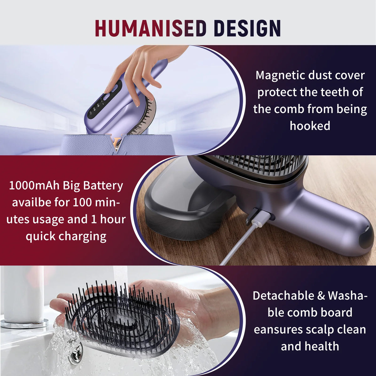 Red Light Scalp Massager Comb with Essential Oil Atomizer, 2400RPM High Frequency 360° Kneading Hair Brush, 167 Massage Bristles 2 Speeds 1000mAh Rechargeable Type-C, 3 Oil Cartridges, Washable Comb for Men Women Hair & Scal