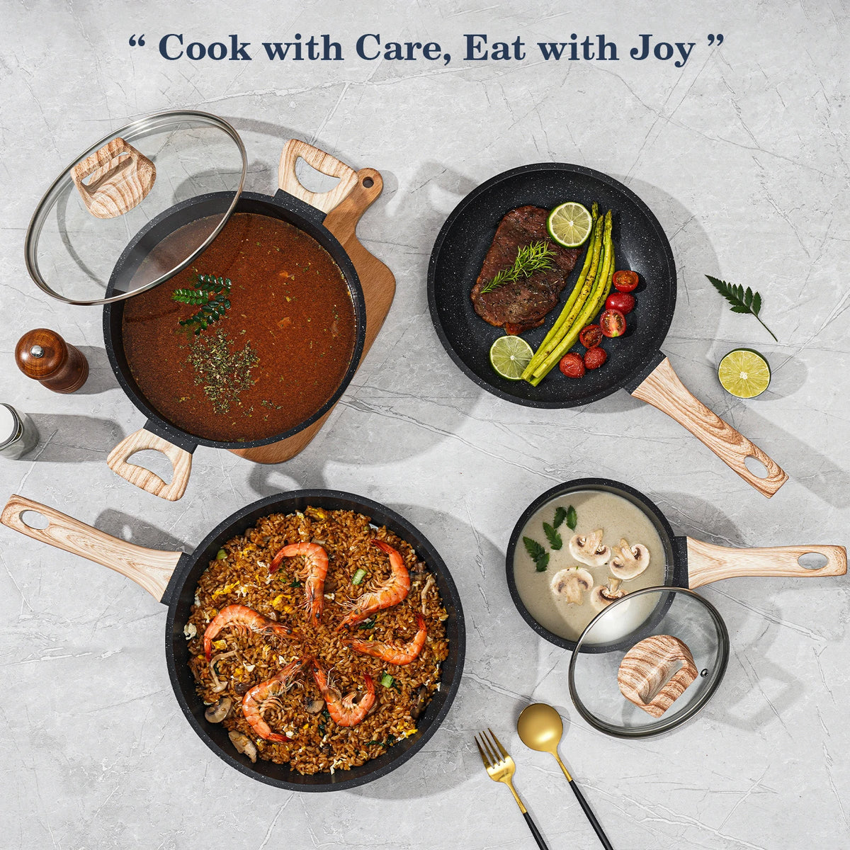 12 Pieces Non-Stick Granite Cookware Set, Healthy Ceramic Pots & Pans with Pan Protectors, Induction Ready Stackable Kitchen Cooking Set, Dishwasher Safe