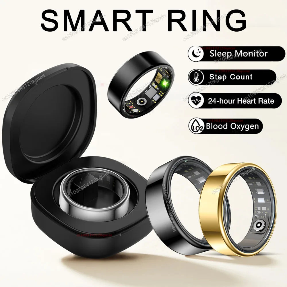 Smart Ring with Charging Case Sizes 7-13 Health Tracker Blood Pressure Heart Rate SpO2 Sleep Monitoring IP68 Waterproof Fitness Ring R12