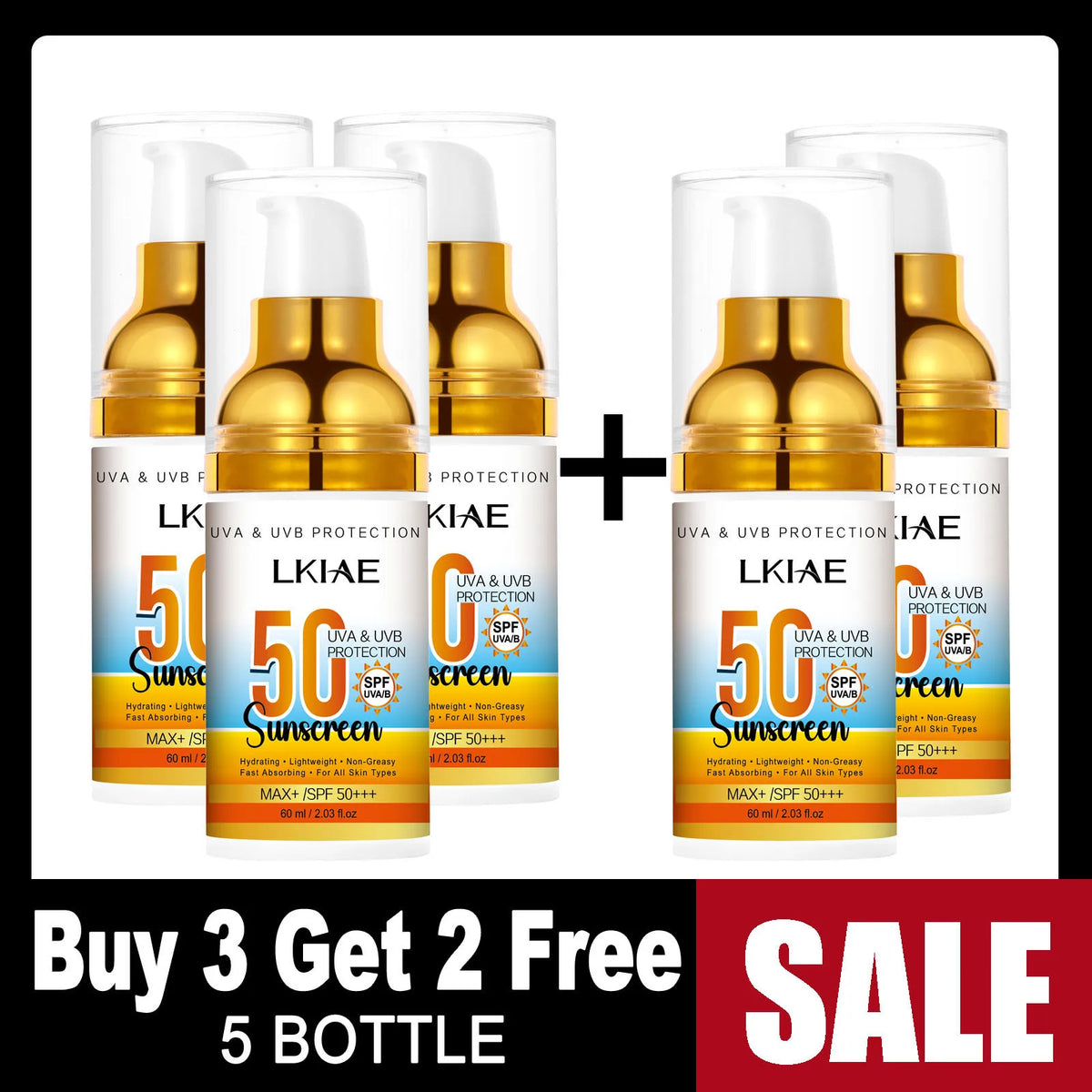 LKIAE Spf 50+ Sunscreen, UVA, UVB Protection, Prevent Sunburn, Skin Darkening, Pigmentation, Anti-Wrinkles, With Aloe Vera