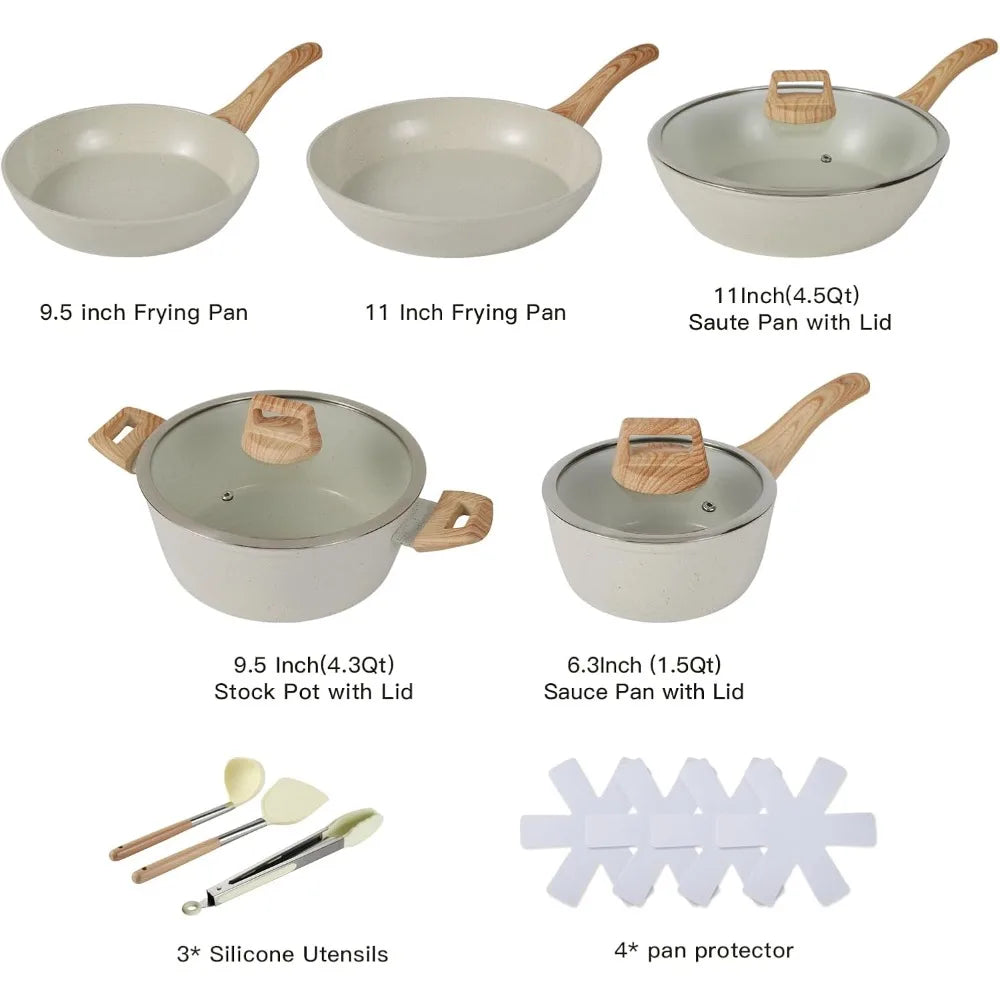 Ceramic Coating Nonstick Cookware Set 15 Pieces Pots and Pans Kitchenware Utensils white