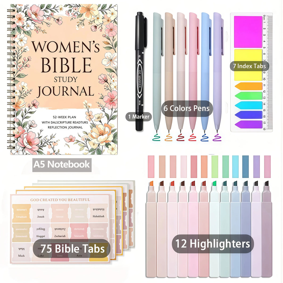 102pcs Christian Women's Bible Study Gift Box with Spiral Notebook, Pens & Scripture Labels - Spiral Bound Prayer Journal Suitable for Church Bible Study Supplies, Bible Study Kits for Church Fellowship Gifts, Gifts for Bible