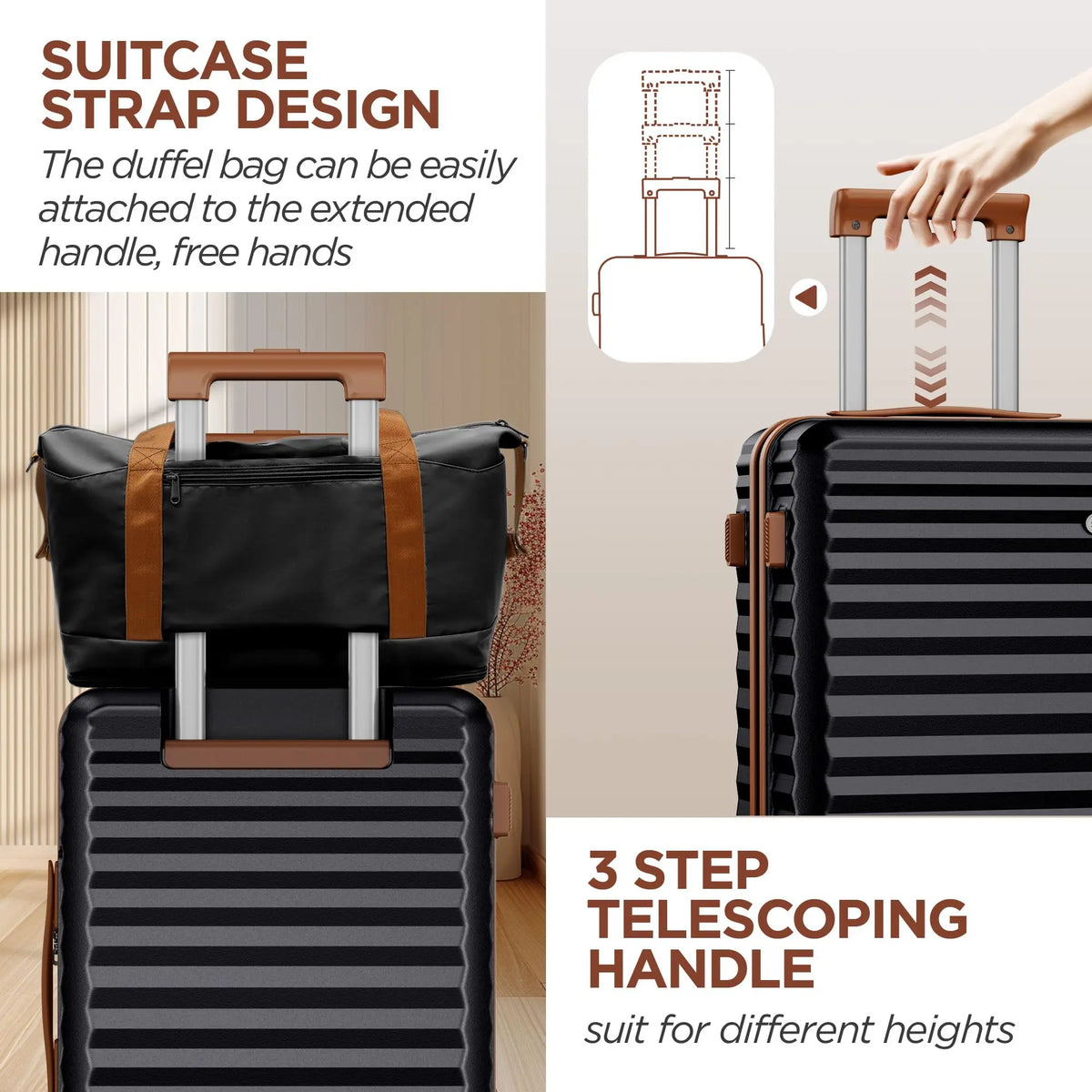 SHOWKOO 20 Inch Carry On Luggage Set, 3 Piece PC Hardshell Suitcase with Expandable Duffel Bag and Toiletry Bag, 360° Spinner Wheels, TSA Lock, Black