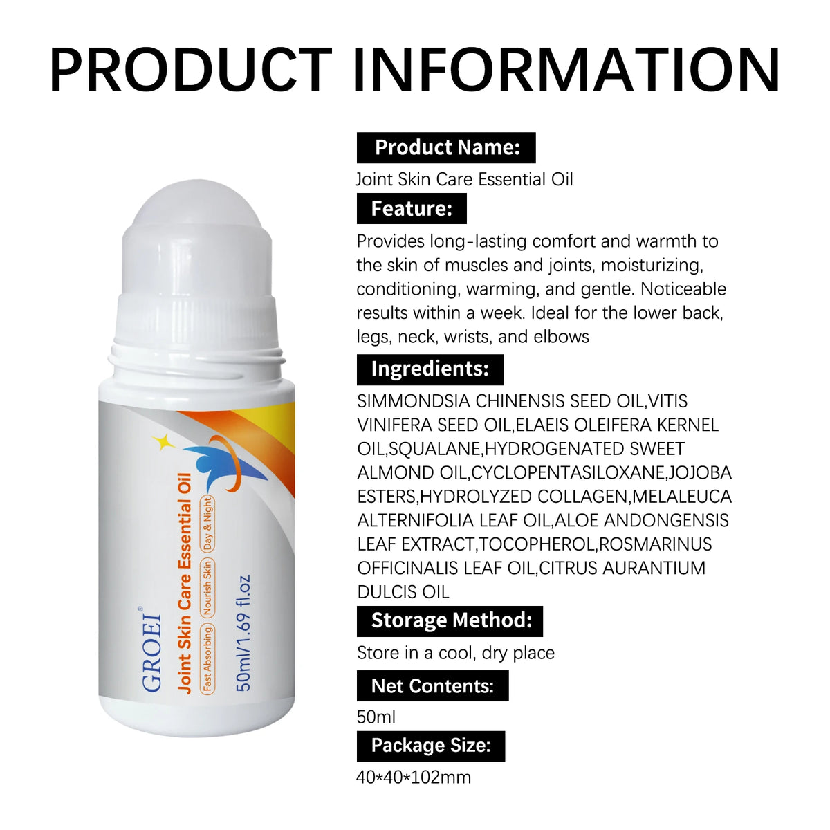 50ml Joint Skin Care Essential Oil Roll-on, Natural Plant Formula with Jojoba Oil & Rosemary Leaf Oil, Fast Absorbing Non-Greasy Massage Oil for Muscle & Joint Skin Daily Nourishing
