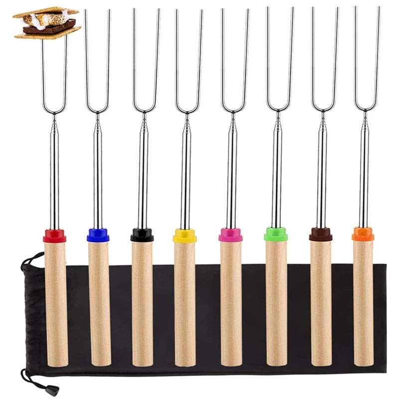8Pcs Barbecue Skewers Stainless Steel BBQ Fork Extendable Marshmallow Roasting Stick Telescoping Smores Hot Dog Sausages Skewers