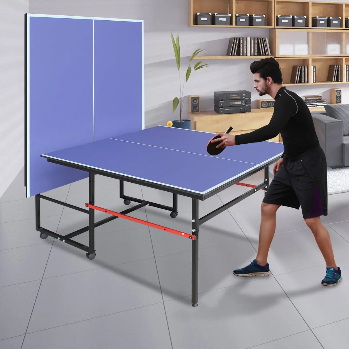 8 ft Portable Ping Pong Table，Professional Game for Adults Teens | Foldable Indoor Outdoor Table Tennis Set with Net, 2 Paddles and 3 Balls - Quick Assembly, Single Player Playback Mode