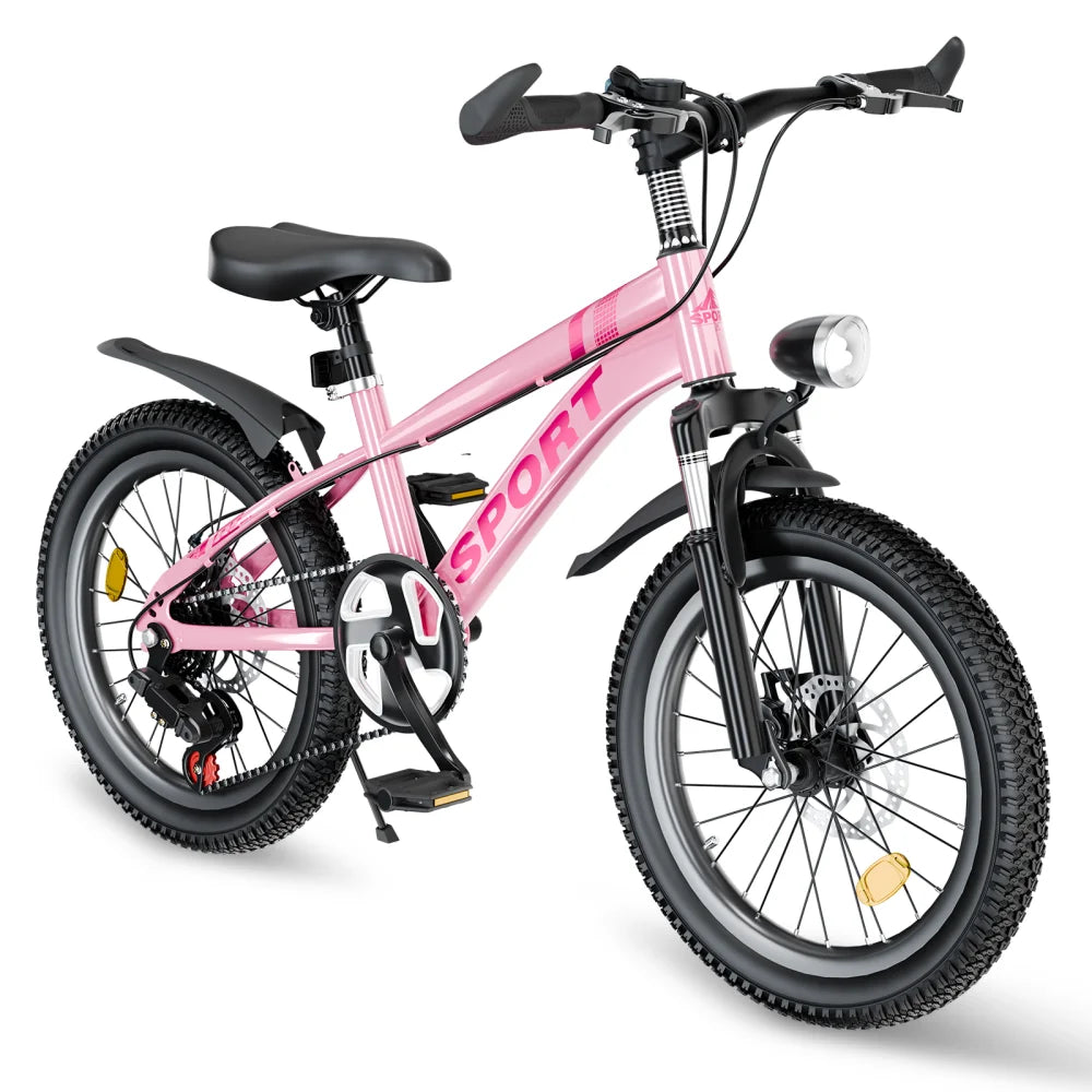 20 Inch Kids Mountain Bike for Boys & Girls Ages 7-12, 7-Speed Youth Bicycle with Front & Rear Disc Brakes, Shock-Absorbing Front Fork, LED Light, Silver & Pink, Outdoor MTB for School, Park, Trails and Daily Riding