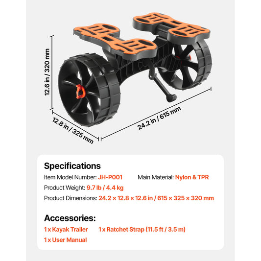 SucceBuy Kayak Cart 300lbs Capacity Foldable Kayak Trolley with 10-inch Solid Rubber Tires & 1 Ratchet Strap for Carrying Kayaks