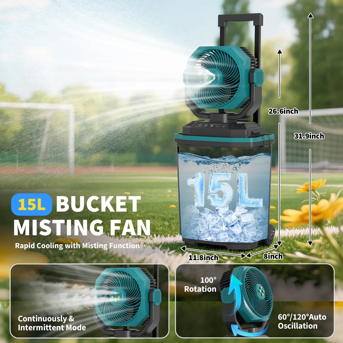 HiMISS Portable Rechargeable Misting Bucket Fan With Remote And Wheels