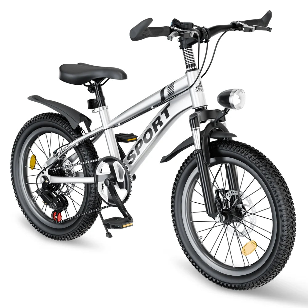 20 Inch Kids Mountain Bike for Boys & Girls Ages 7-12, 7-Speed Youth Bicycle with Front & Rear Disc Brakes, Shock-Absorbing Front Fork, LED Light, Silver & Pink, Outdoor MTB for School, Park, Trails and Daily Riding