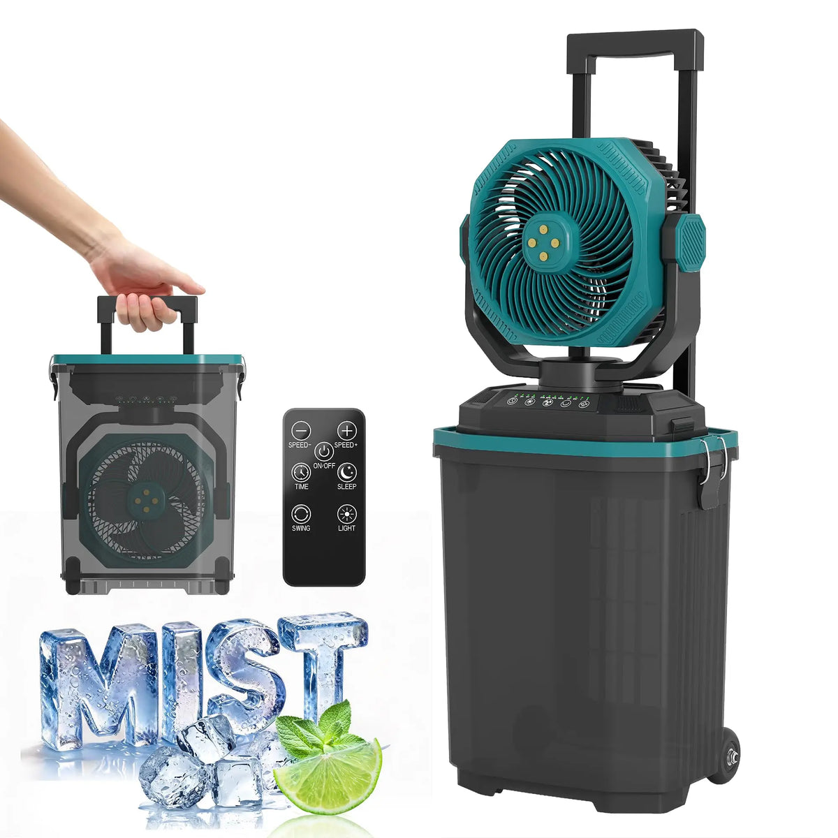 HiMISS Portable Rechargeable Misting Bucket Fan With Remote And Wheels