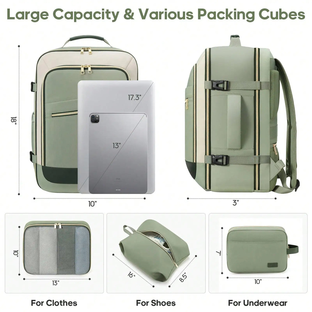 40L Travel Backpack For Women, Carry On Bag Flight Approved, Waterproof Backpack With 3 Packing Cubes, Weekender Personal Item Bags For Airplane Travel Essentials, TSA Approved