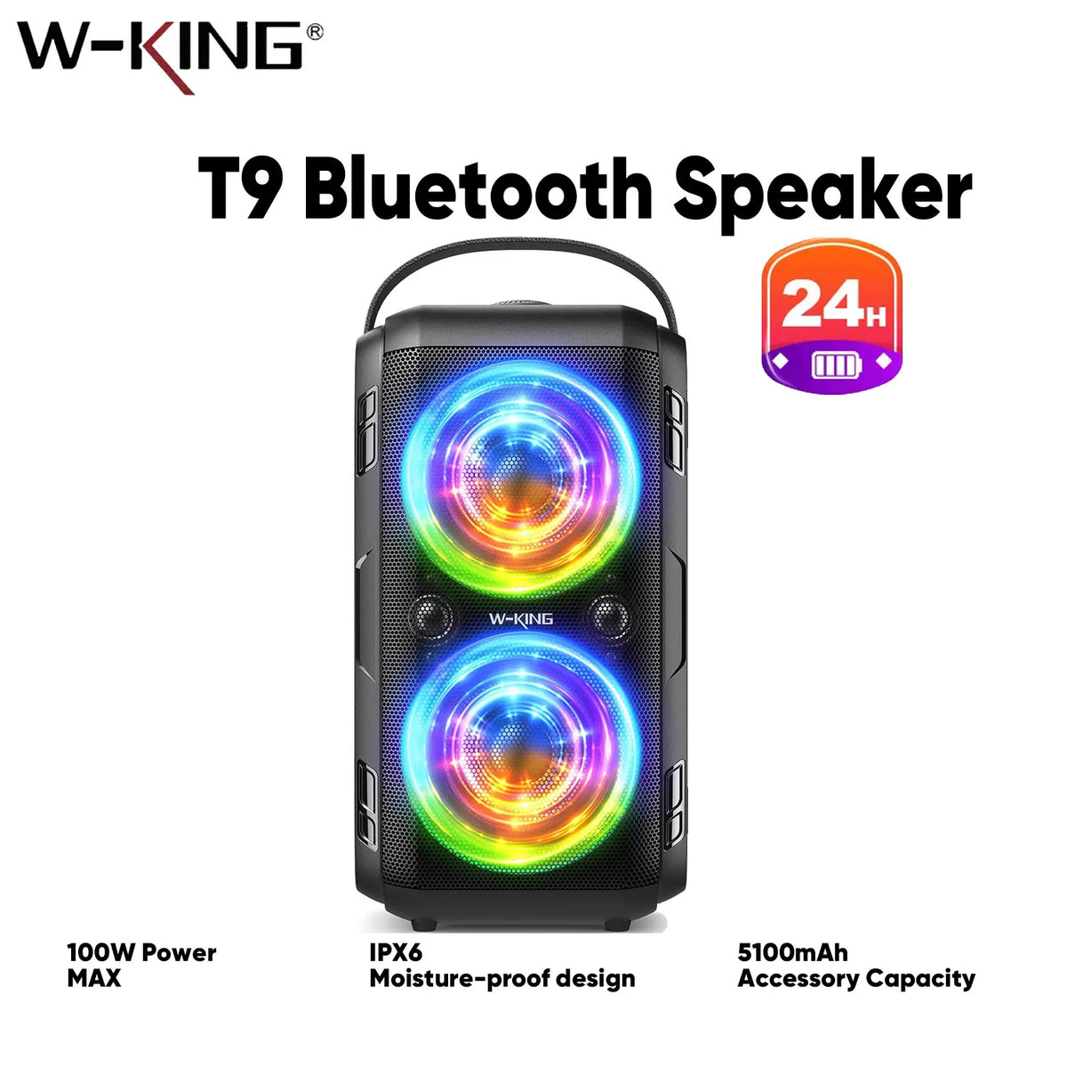 W-King Portable Bluetooth Party Speaker With Subwoofer And USB Playback