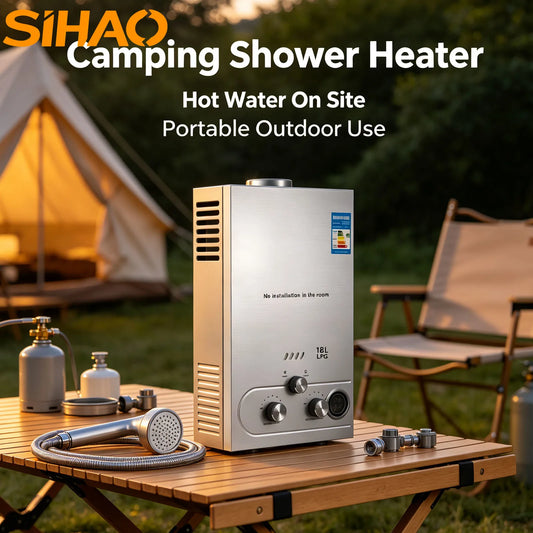 SIHAO Outdoor Camping Quick Recovery Stainless Steel Liquefied Petroleum Gas LPG Water Heater with Shower Kit LCD Display for Car Truck Tent Cabine  16-36kw  6-18L