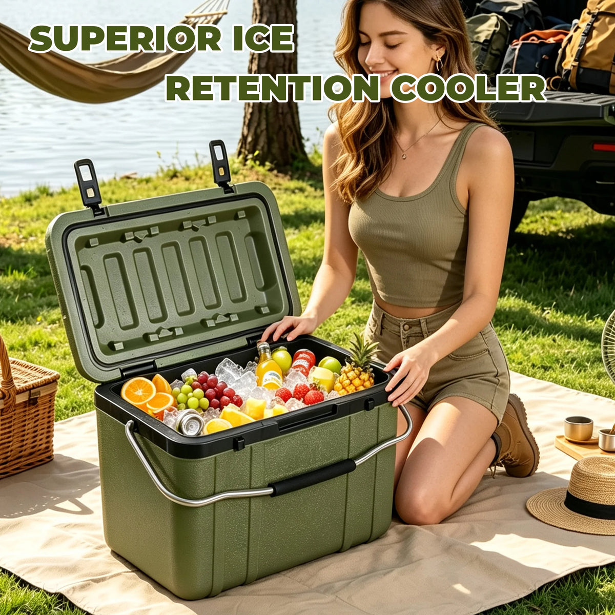 25 Quart Green Cooler, Ultra-Light Insulated Ice Chest – Heavy-Duty Hard Shell Cooler with 5-7Days Ice Retention for Camping, Tailgating, Job Site & Outdoor Adventures