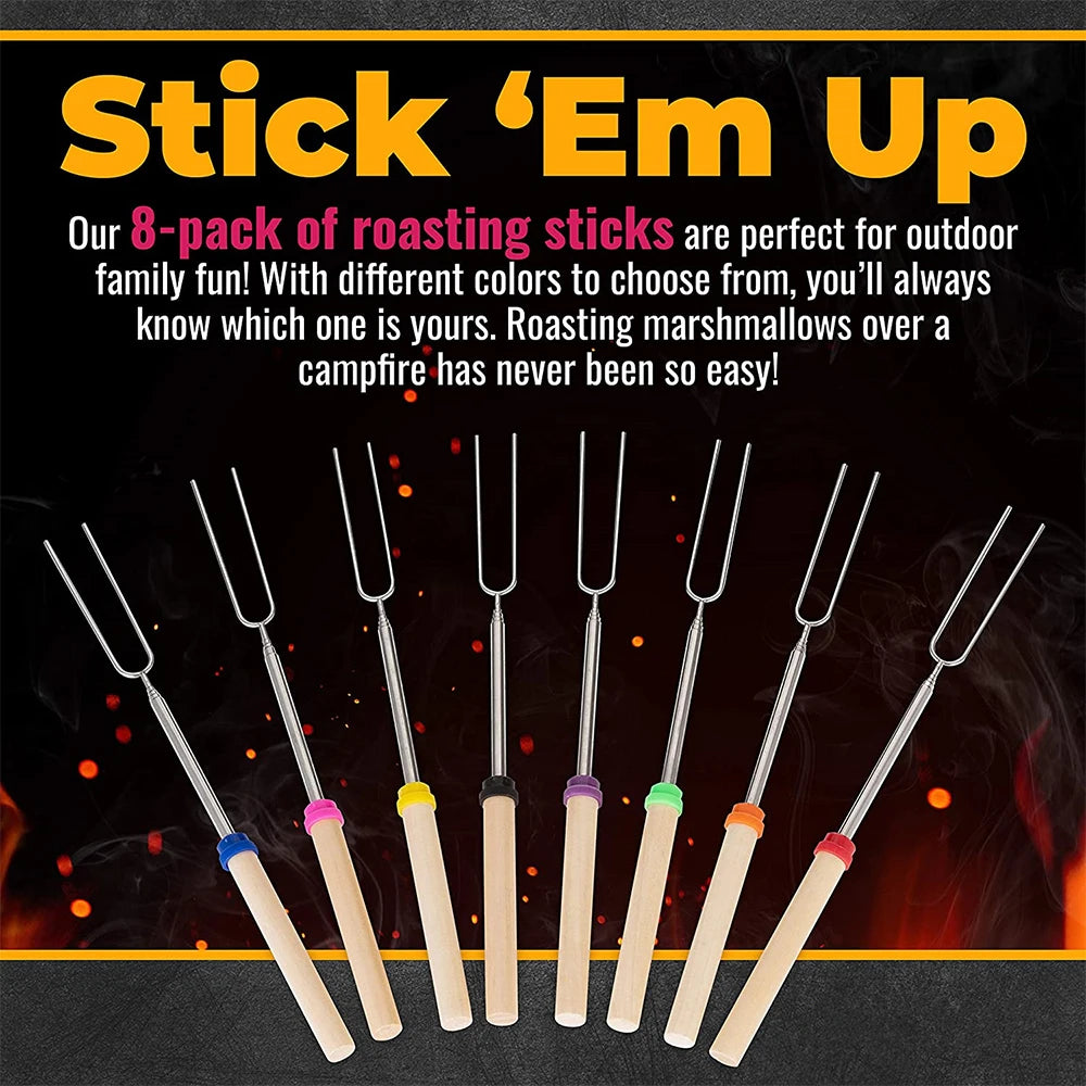 8Pcs Barbecue Skewers Stainless Steel BBQ Fork Extendable Marshmallow Roasting Stick Telescoping Smores Hot Dog Sausages Skewers