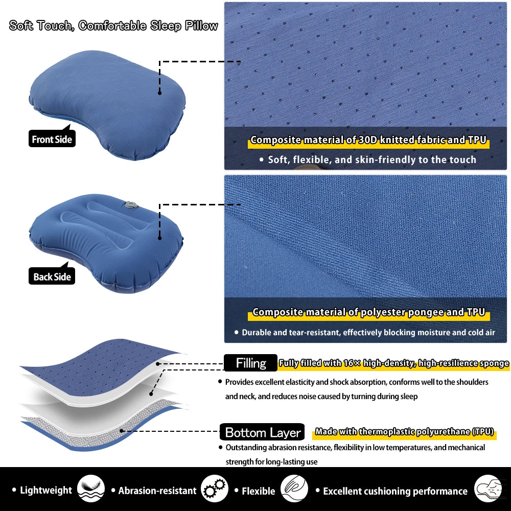 Soomloom Inflating Camping Pillow - Lightweight Ergonomic Travel Pillow for Outdoor, Car Camping, Compact Inflating Air Pillow