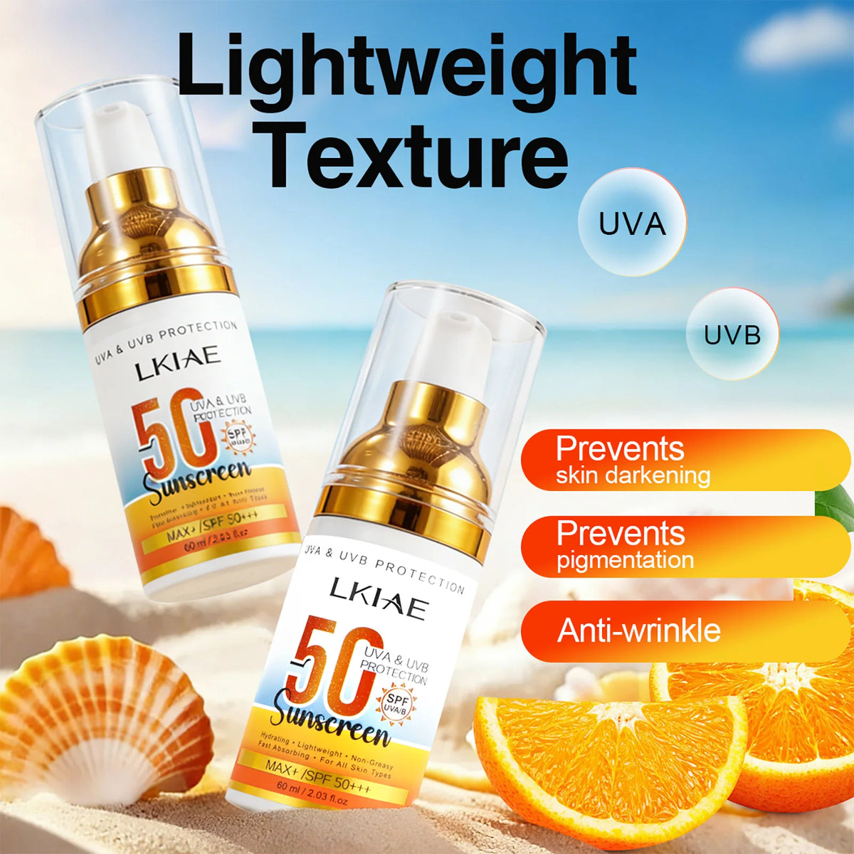 LKIAE Spf 50+ Sunscreen, UVA, UVB Protection, Prevent Sunburn, Skin Darkening, Pigmentation, Anti-Wrinkles, With Aloe Vera