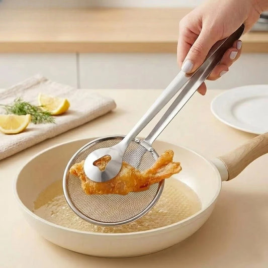 Stainless Steel Multifunctional Mesh Strainer Spoon Clip Oil Filter Colander Heat Resistant Kitchen Utensil Fried Food Salad BBQ Serving Long Handle Non Slip Durable Easy Clean Professional Kitchenware