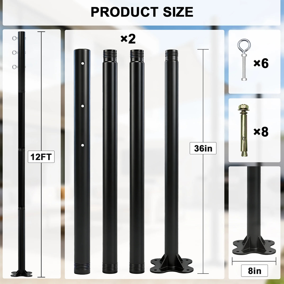 2 Pack 12ft Heavy Duty Metal Shade Sail Poles ，(Shade Sail not include）Rust-Resistant Adjustable Outdoor Support Post Kit for Patios Courtyards Backyards Gardens