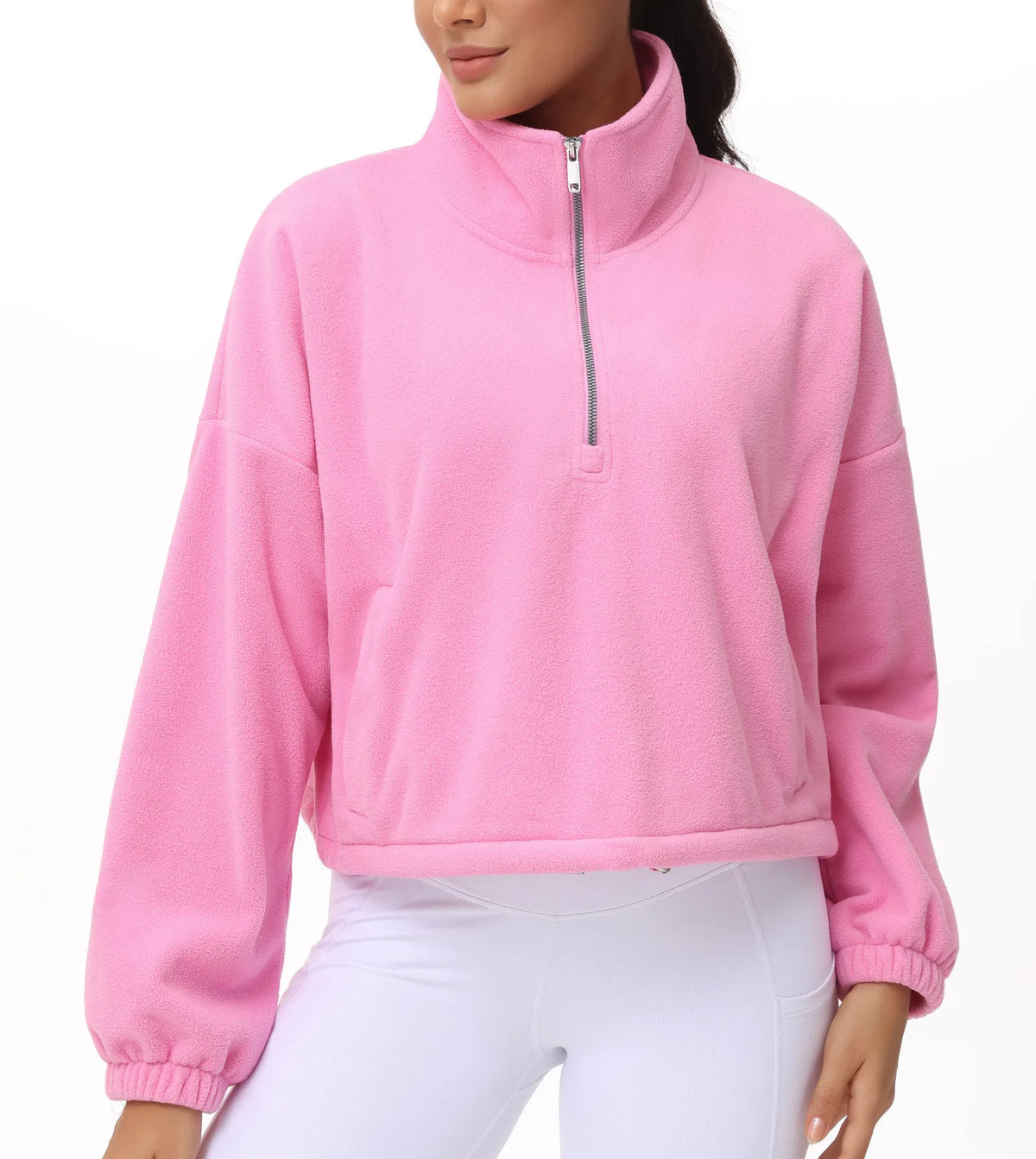 THE GYM PEOPLE Women’s Half Zip Crop Pullover Sweatshirt Fleece Loose Fit Workout Tops with Pockets Drawstring Hem