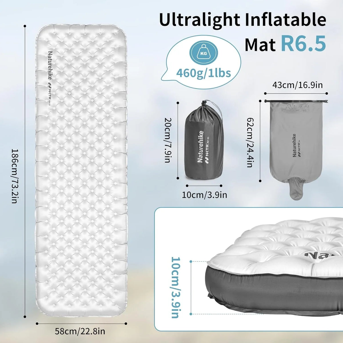 Naturehike R6.5 Air Mattress 10cm Thickened Ultralight Sleeping Pad for Camping Hiking Warm Portable Outdoor Inflatable Mattress