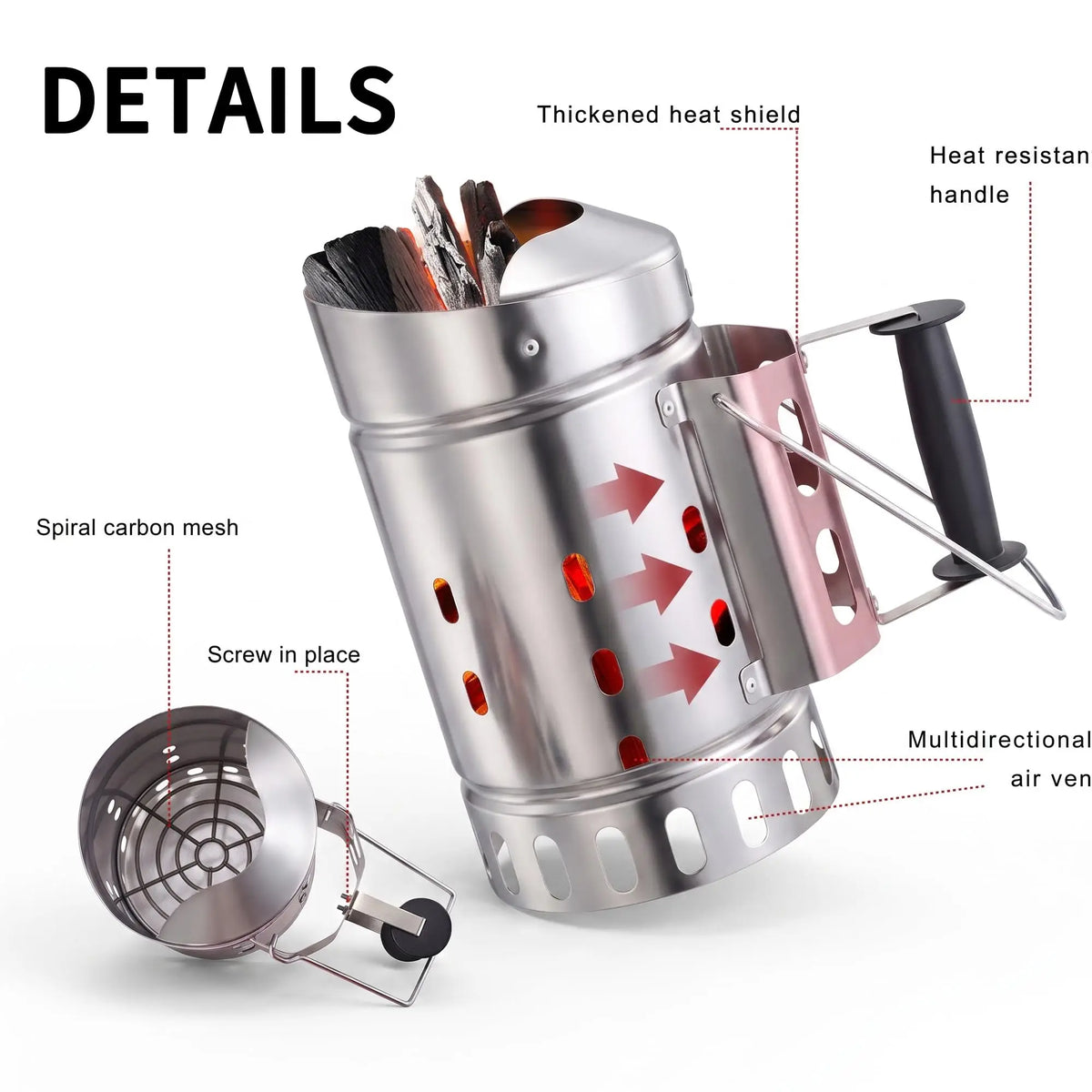 Stainless Steel Charcoal Chimney Starter With Heat Resistant Handle