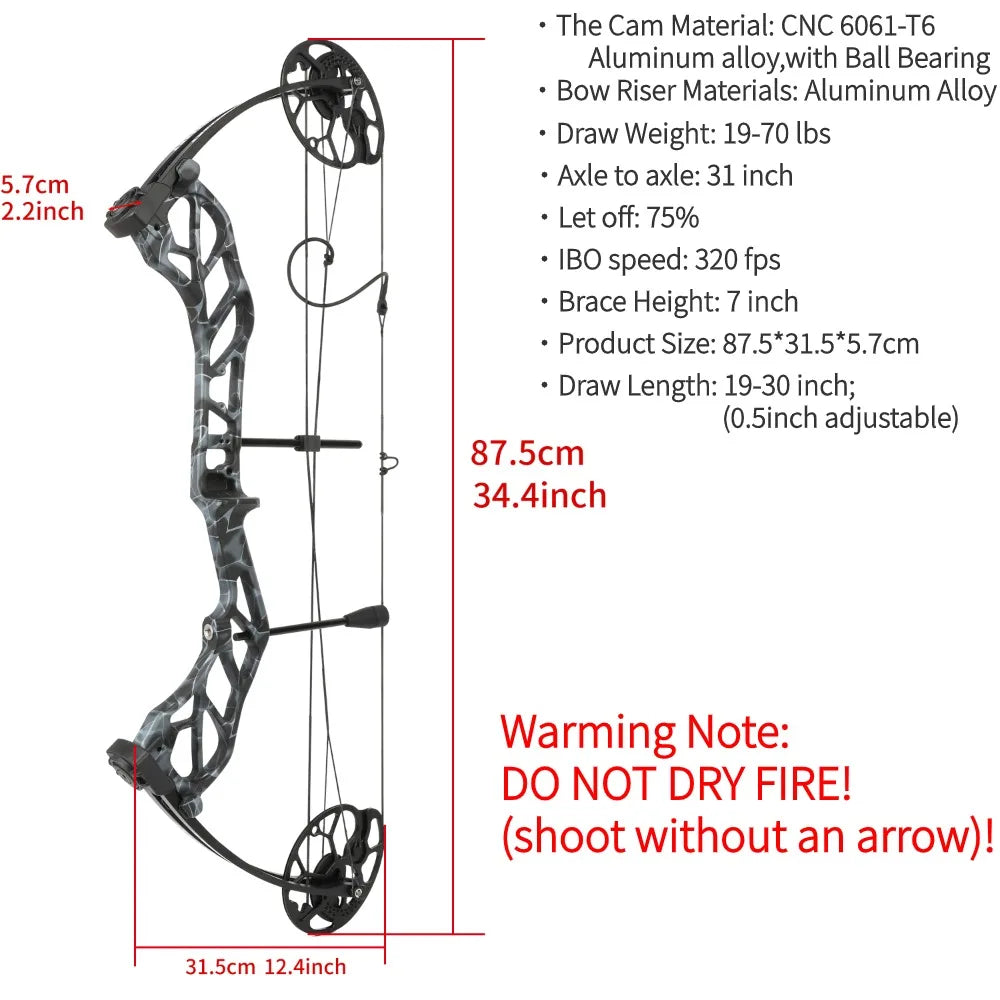 19‑70Lbs Adjustable Archery Compound Bow 320FPS Aluminum Alloy Riser Dual Cam Without Bow Press Needed Right Hand for Hunting Shooting Activities