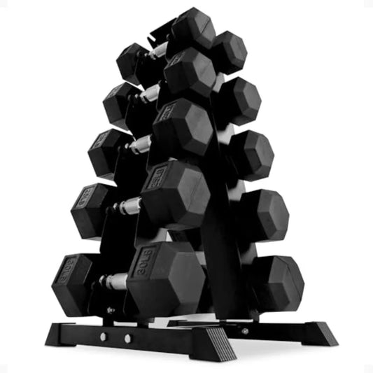 Rubber Coated Hex Dumbbells And A Frame Rack For Training