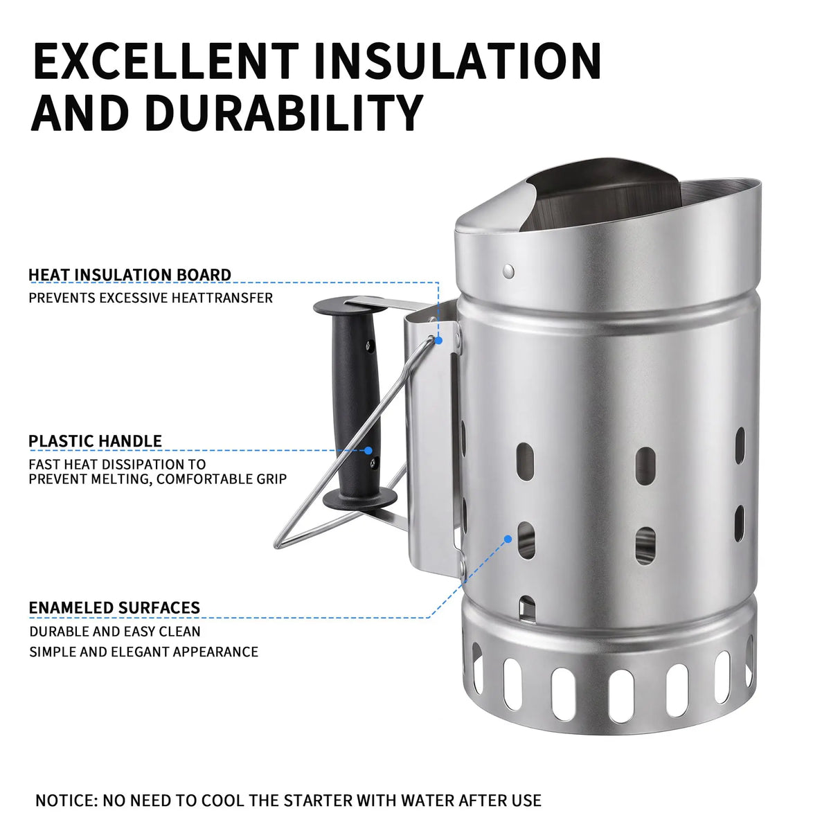 Stainless Steel Charcoal Chimney Starter With Heat Resistant Handle