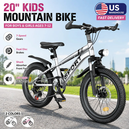 20 Inch Kids Mountain Bike for Boys & Girls Ages 7-12, 7-Speed Youth Bicycle with Front & Rear Disc Brakes, Shock-Absorbing Front Fork, LED Light, Silver & Pink, Outdoor MTB for School, Park, Trails and Daily Riding