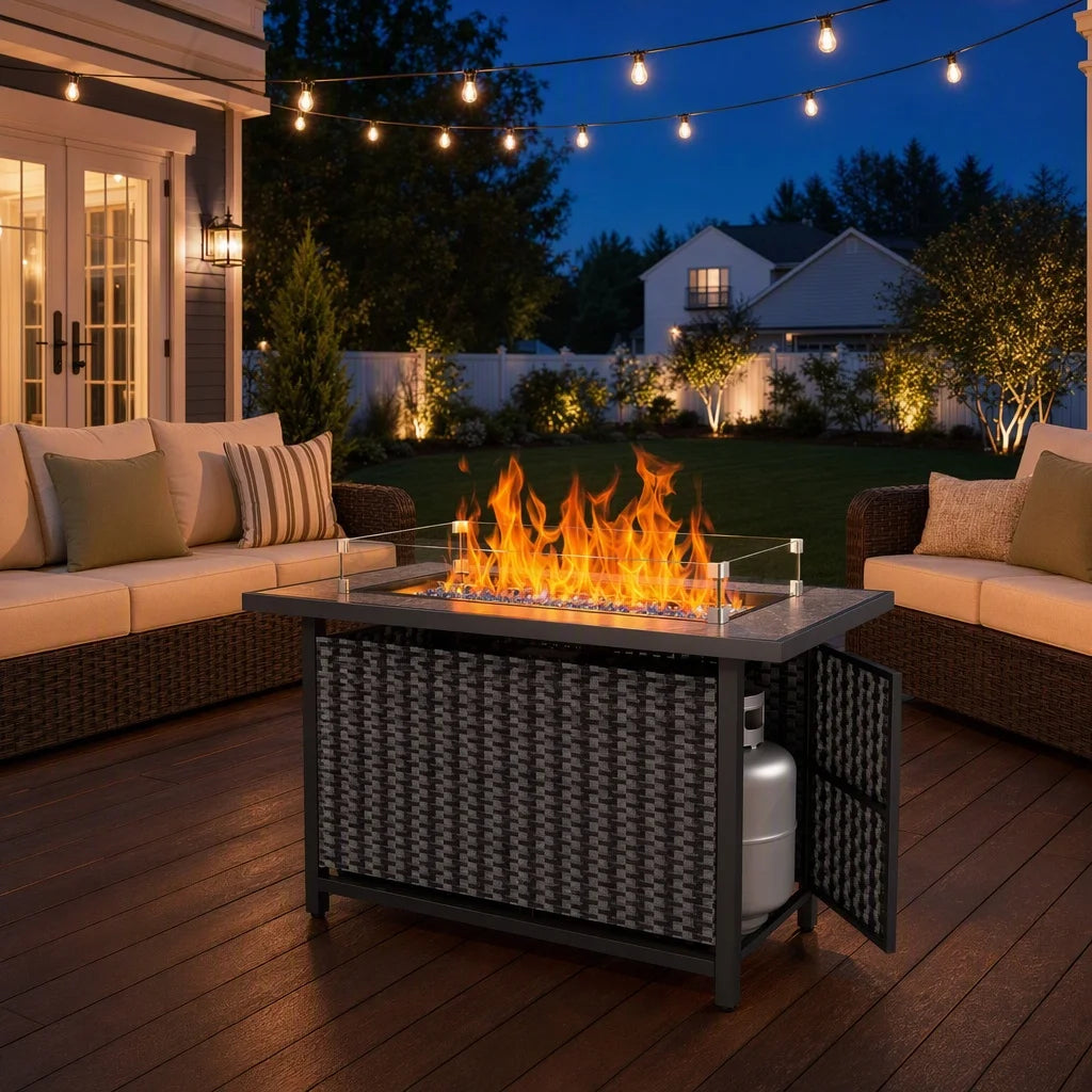 43" Outdoor Propane Fire Pit Table, 50,000 BTU Gas Fire Pit with Premium Ceramic Tabletop, Glass Wind Guard, Lid & Glass Rocks, CSA‑Certified Fire Table for Patio Backyard Party