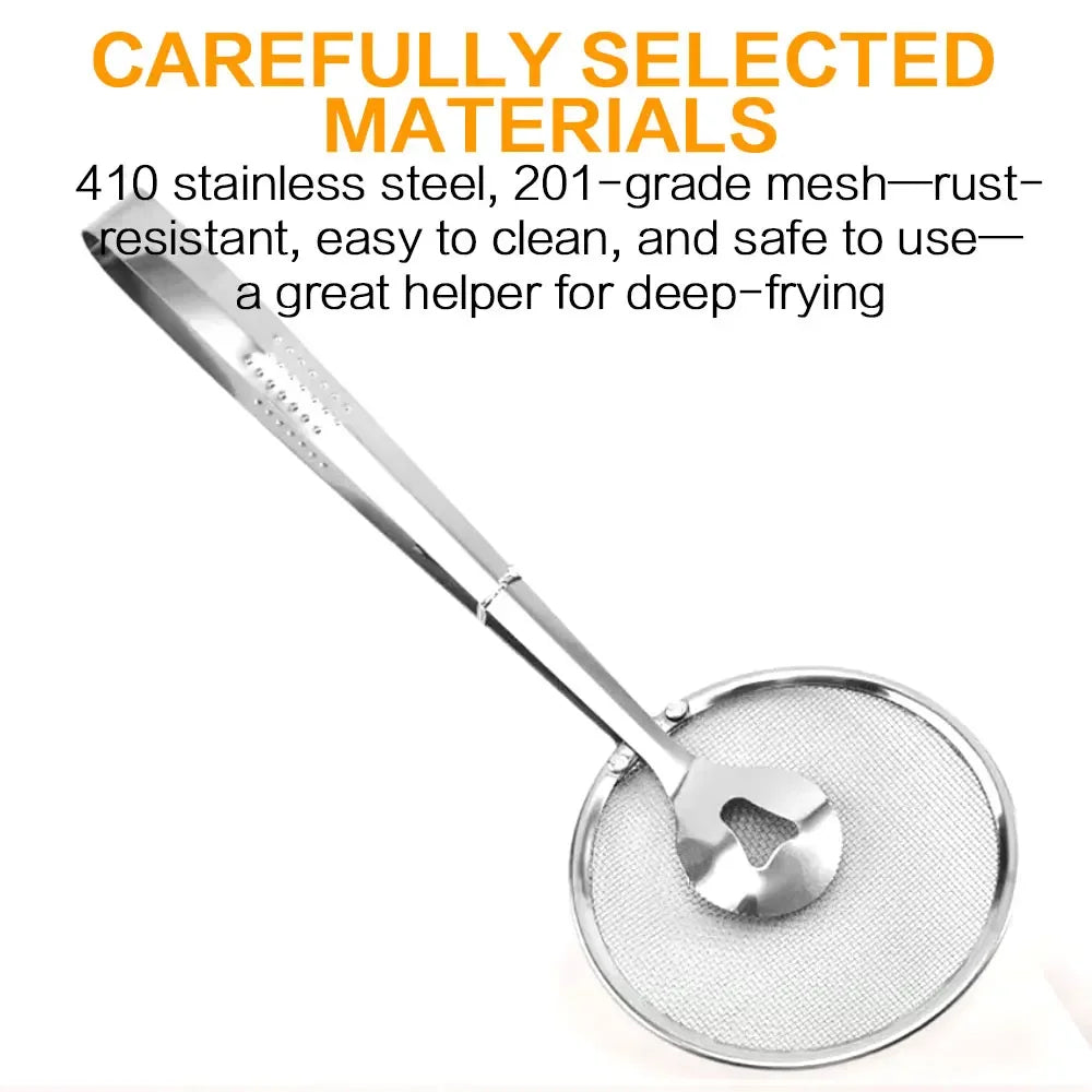 Stainless Steel Multifunctional Mesh Strainer Spoon Clip Oil Filter Colander Heat Resistant Kitchen Utensil Fried Food Salad BBQ Serving Long Handle Non Slip Durable Easy Clean Professional Kitchenware