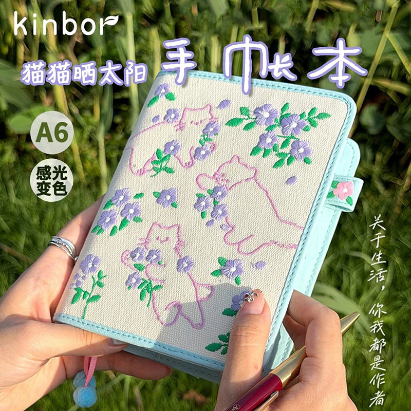 Kinbor Original A6 Light-sensitive Color Changing Undated Planner, Cat Sunbathing Design, Healing Journal, Girls Stationery Gift