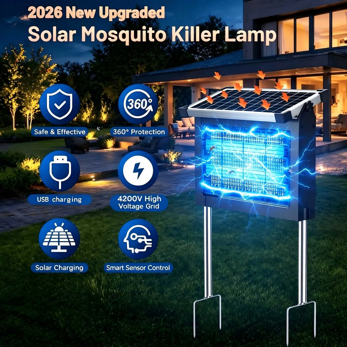 Solar Bug Zapper With 4500V Sensor For Mosquitoes And Flies