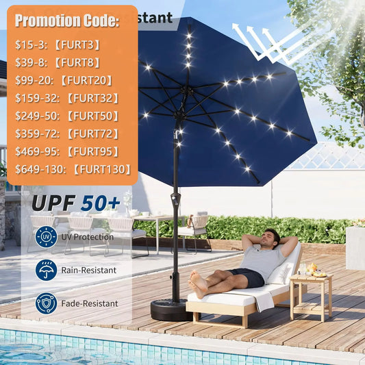 9ft/10ft Solar Patio Umbrella with 32 LED Lights, UPF 50+ UV Protection, Waterproof Fade-Resistant Vented Canopy, Crank Lift & Push-Button Tilt, 8-Rib Market Table Umbrella
