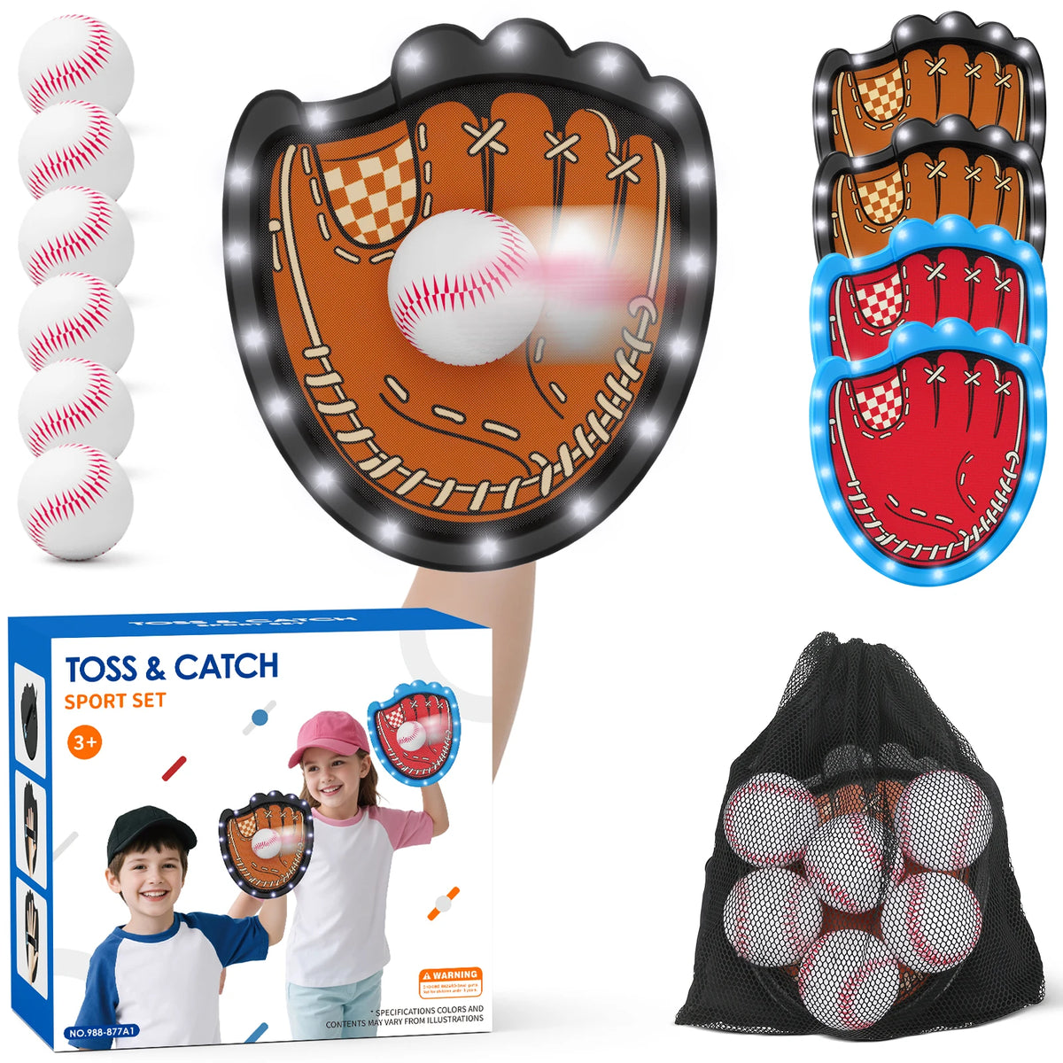 Light Up Toss and Catch Ball Set for Kids 3~12, Child Baseball Toys Glow in the Dark T Ball Set, Outdoor Beach Camping Games for Family, Birthday Gifts for Boys Girls, 4 Pads & 6 Balls