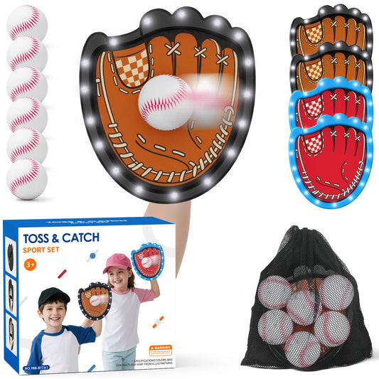 Light Up Toss and Catch Ball Set for Kids 3~12, Child Baseball Toys Glow in the Dark T Ball Set, Outdoor Beach Camping Games for Family, Birthday Gifts for Boys Girls, 4 Pads & 6 Balls
