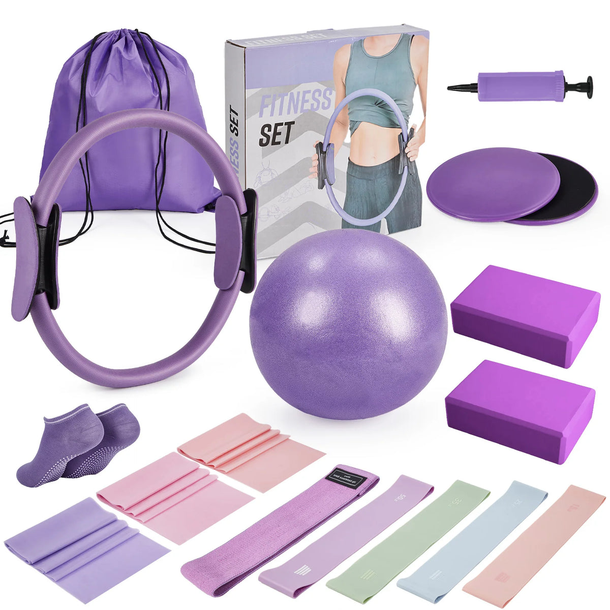 17-in-1 Pilates Ring Kit, Pilates Circle Set for Home Workouts, 9.8" Non-Slip Mini Ball, Adjustable Resistance Bands, Yoga Blocks, Gliding Discs, Full-Body Core Strength Balance & Flexibility