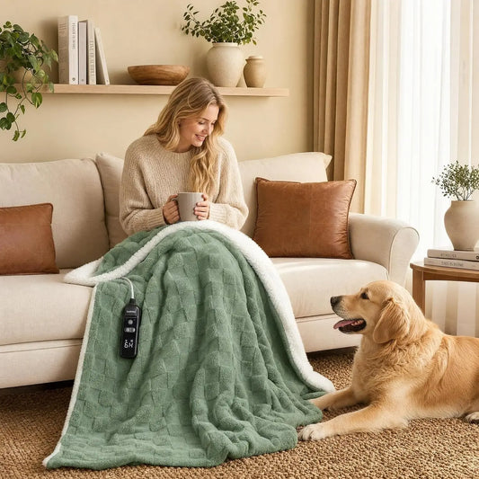 Heated Weighted Blanket Electric Throw, 15 lb Weighted Blanket with Heat Memory, Milk Velvet Checkered Sherpa, 50x60 in