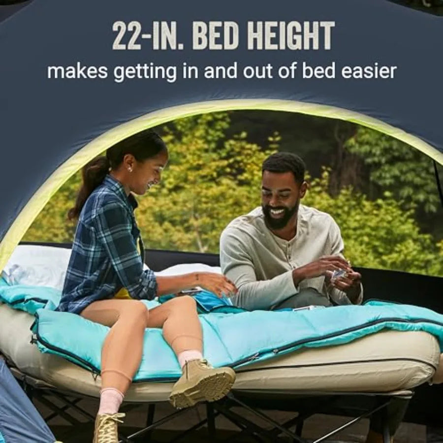 Queen-Size Airbed Cot Combination Folding Air Mattress with Steel Frame and Side Table Battery Pump Included Great for Camping