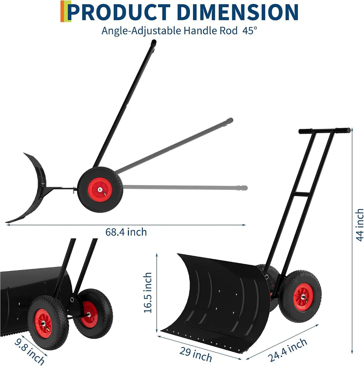 Home Metal Snow Pusher with Wheels Adjustable Angle & Height Handle Ergonomic Double-Rod Design for Effortless Driveway & Sidewalk Clearing